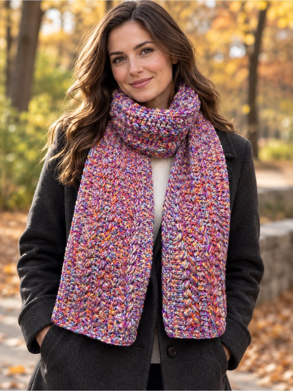 Handmade Crochet Multicolor Scarf Chunky Textured Purple Boho Winter Accessory